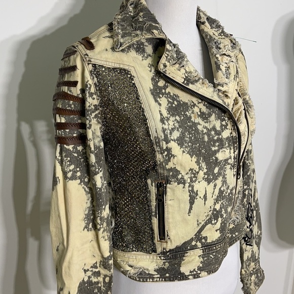 CUSTOM Upcycled Leather Trim Animal Print Peace Moto Jacket Signed - Picture 4 of 10